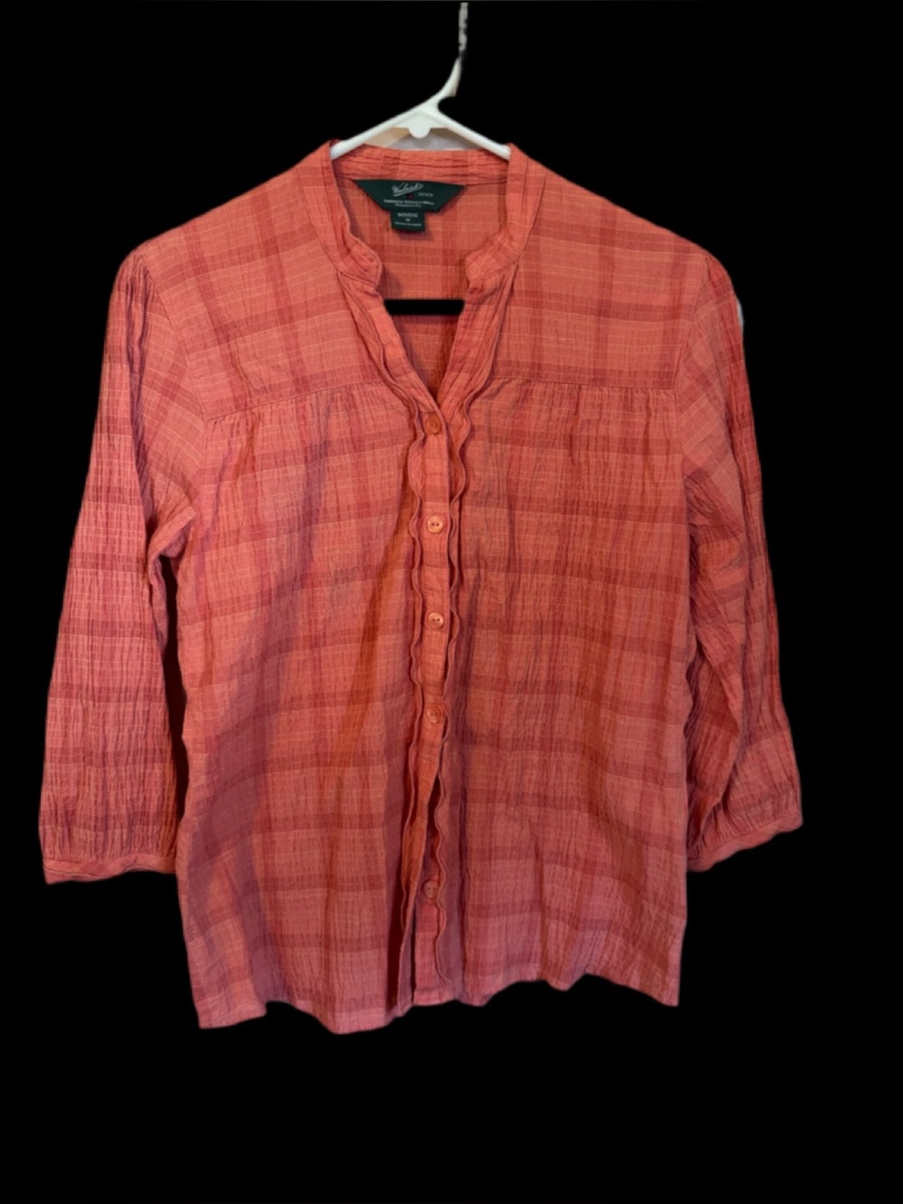 Woolrich Coral Pink Plaid Ruffle-Trim Button Down Shirt size M 3/4 Sleeves